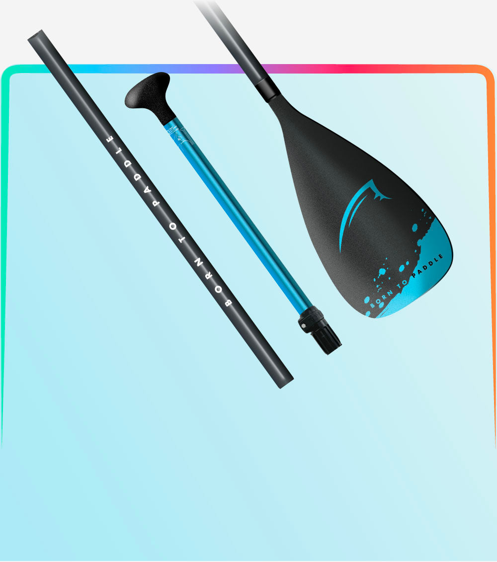 Paddle components displayed on a colorful background, featuring a blade, shaft, and grip.