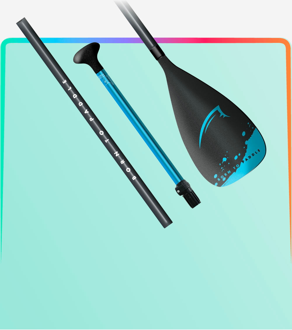 Three-piece paddle with a black blade and teal shaft against a colorful gradient background. Perfect for paddleboarding.