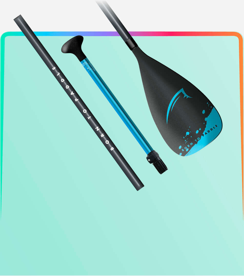 Three-piece paddle with a black blade and teal shaft against a colorful gradient background. Perfect for paddleboarding.
