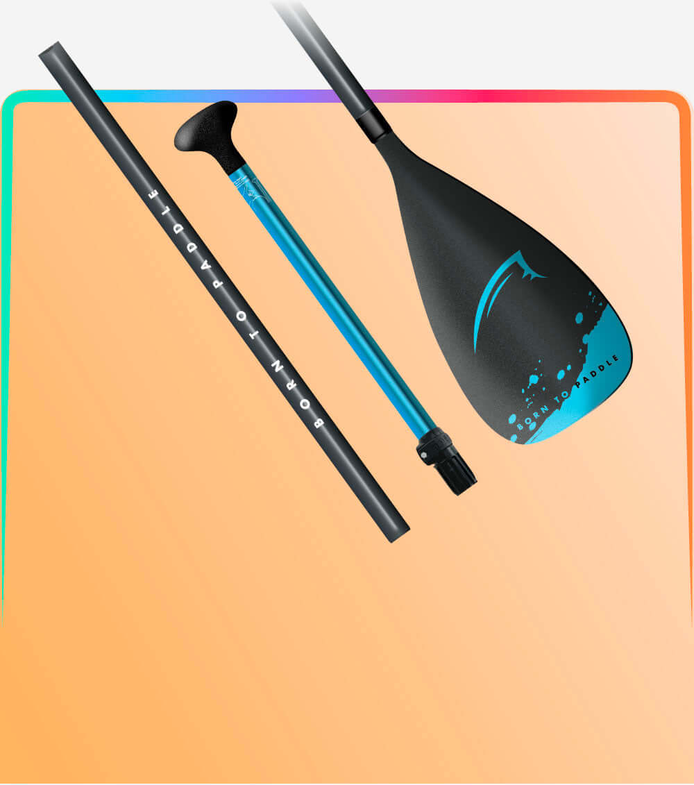 Paddle parts including a blade, adjustable shaft, and handle on a colorful background.