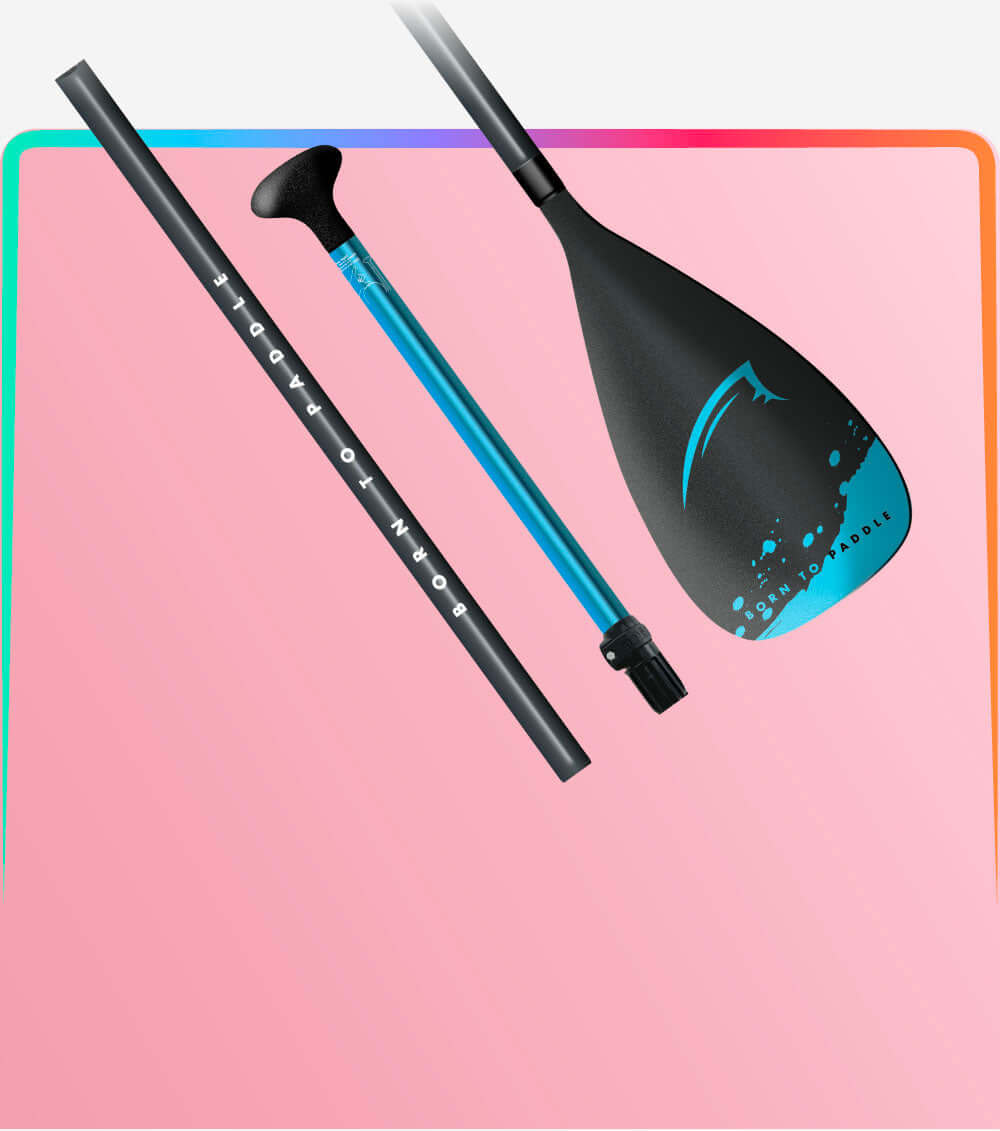 Paddle and shaft set for stand-up paddleboarding, featuring a sleek design and vibrant colors.