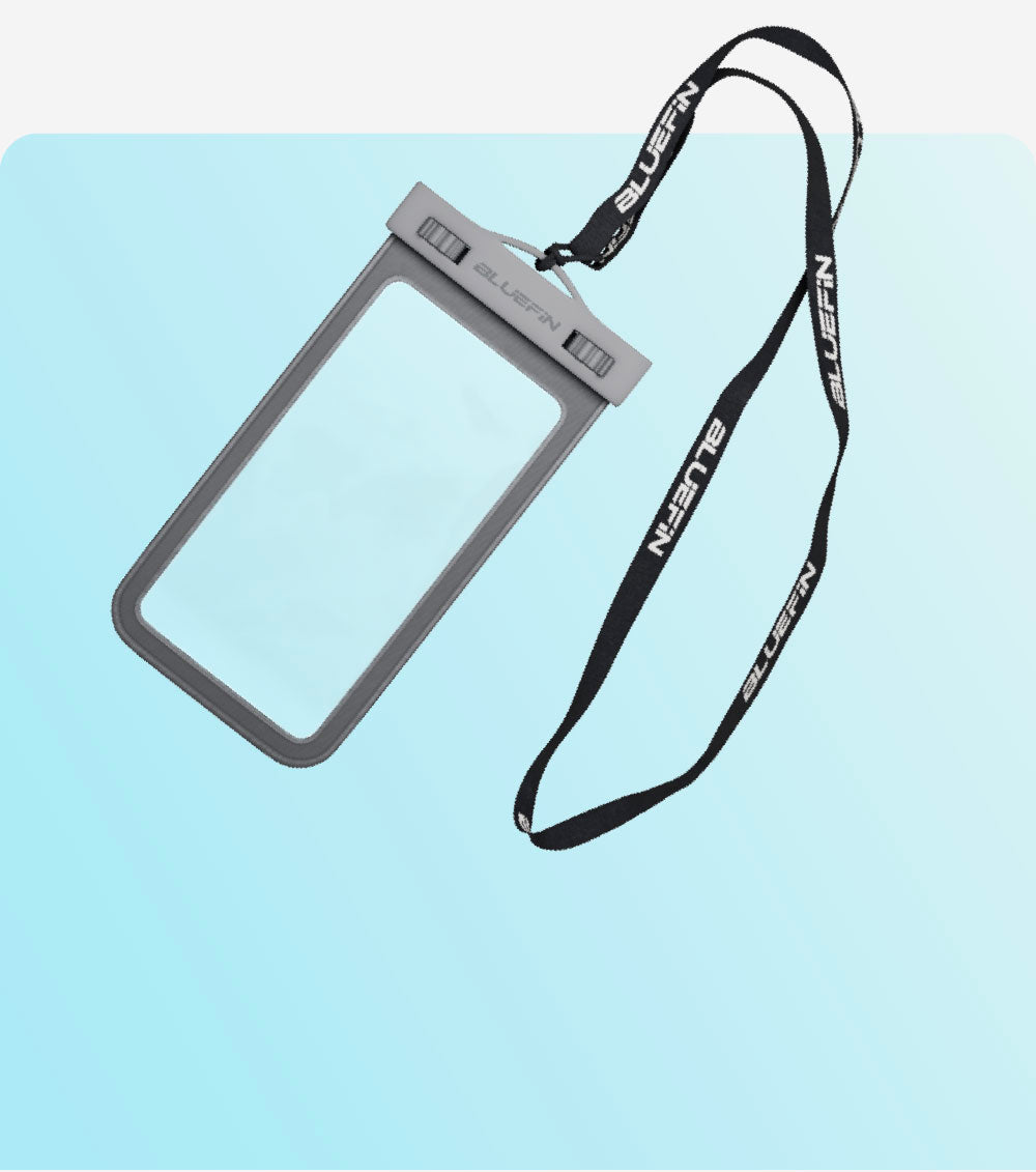 image of a waterproof phone case on blue background