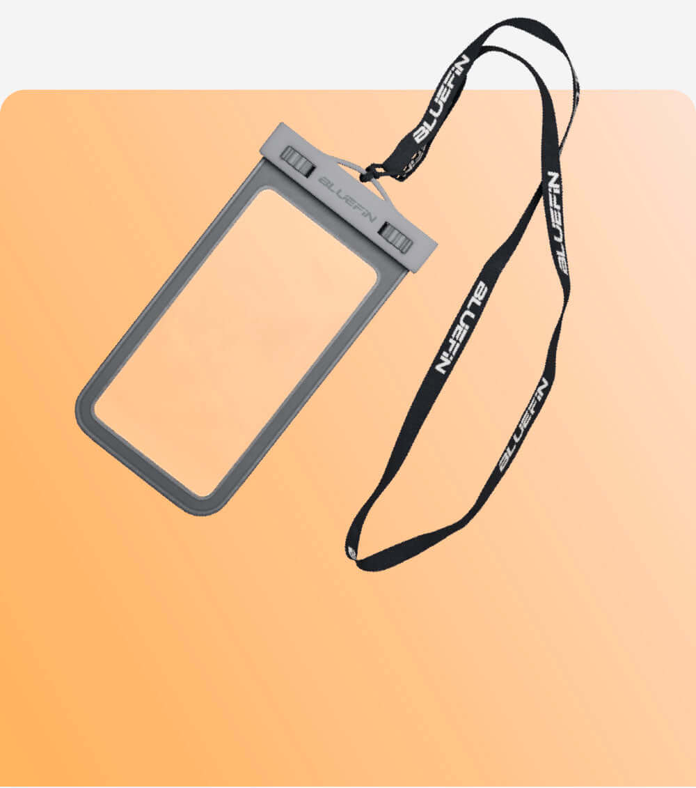 Bluefin SUP waterproof phone case with a lanyard, set against a gradient background.