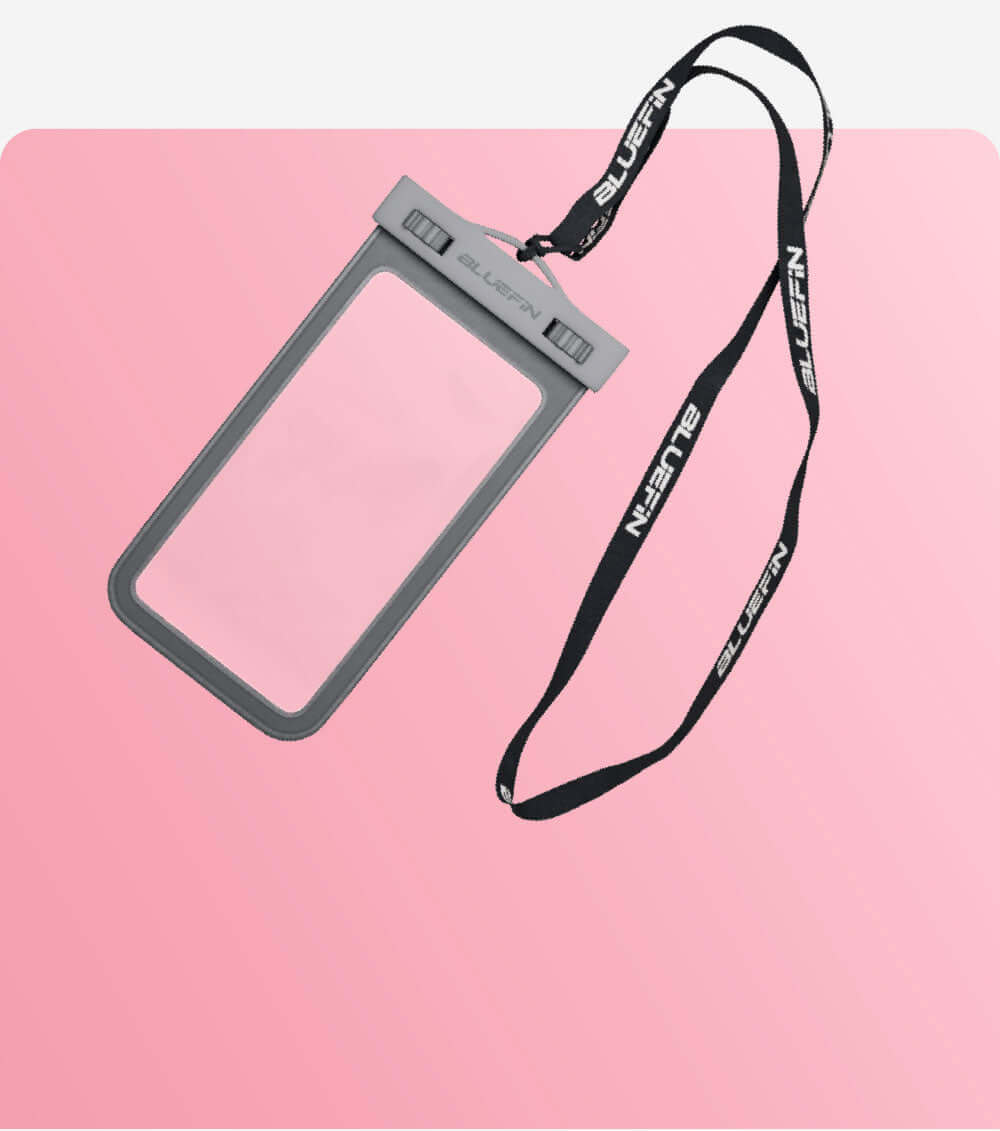 Clear waterproof phone case with a lanyard, featuring the Bluefin logo on a pink background.