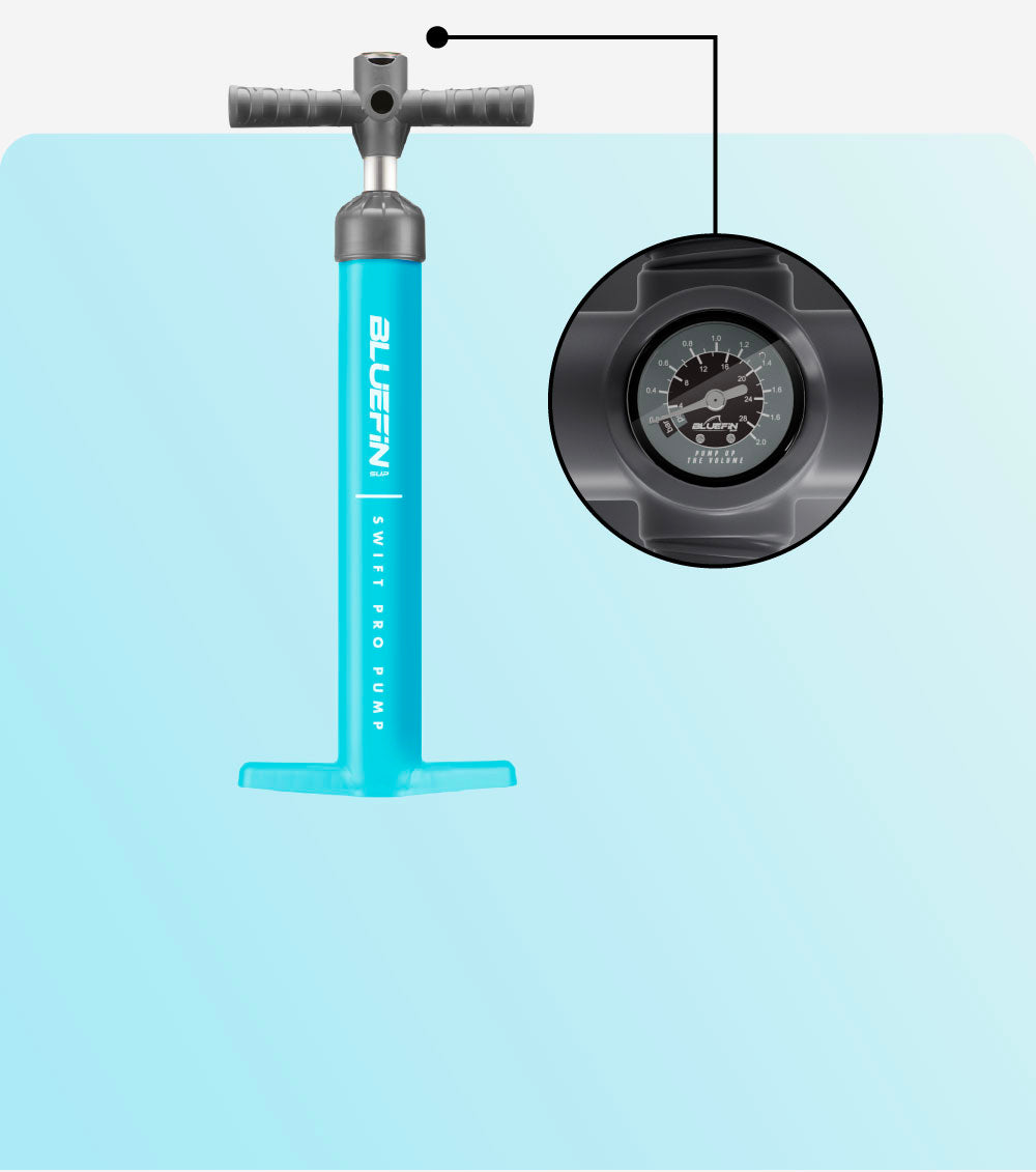 Bluefin SUP Swift Pro Pump with gauge, featuring a blue and gray design for inflating paddleboards.
