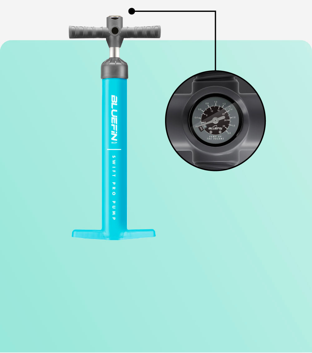 Bluefin SUP Swift Pro Pump with gauge for inflating paddleboards.