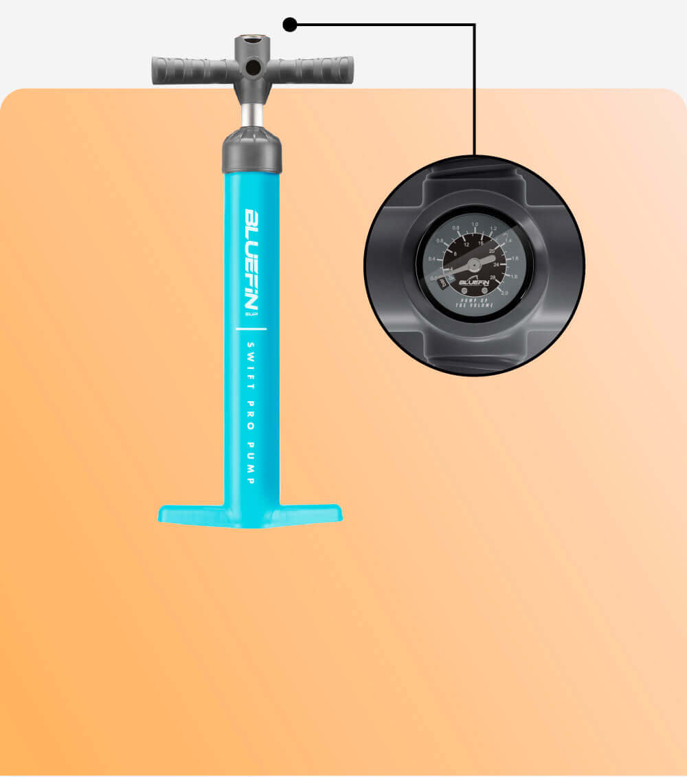 Bright blue Bluefin Swift Pro Pump with gauge on an orange background. Ideal for inflating paddleboards.