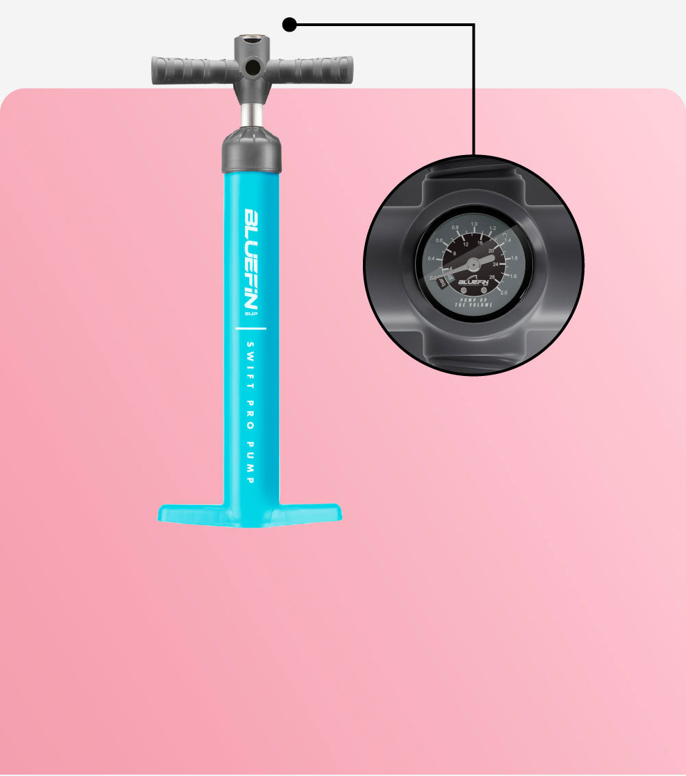 Bluefin SUP Swift Pro Pump with gauge for inflating paddle boards. Aqua color, ergonomic design.
