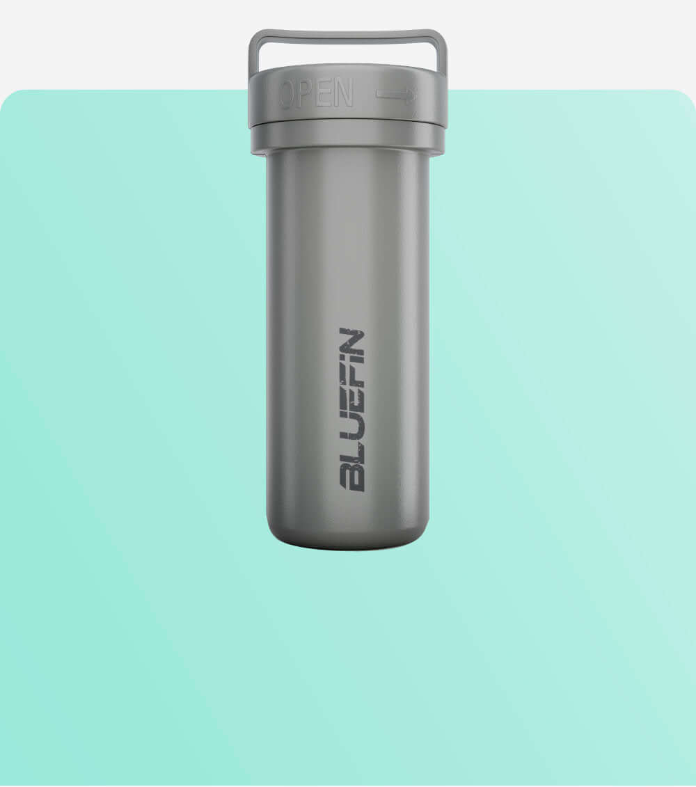 Gray waterproof container with "BLUEFIN" logo, designed for outdoor use.