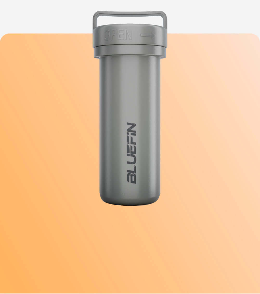 Gray waterproof container with a lid labeled "OPEN," featuring the Bluefin logo.