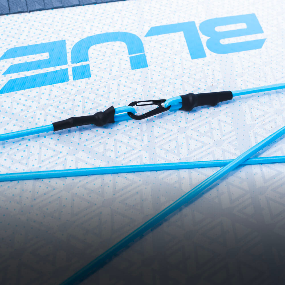 Close-up of Bluefin SUP's blue leash attachment on a textured stand-up paddleboard.
