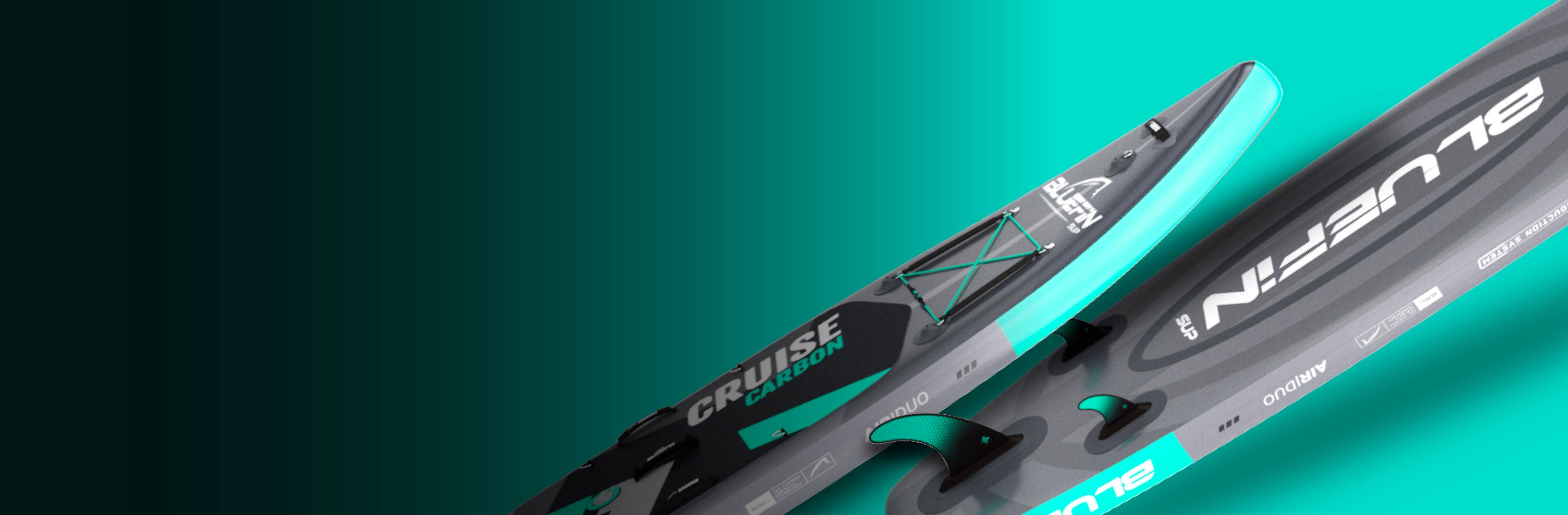 Bluefin SUP paddleboard with sleek design and turquoise accents on a gradient background.