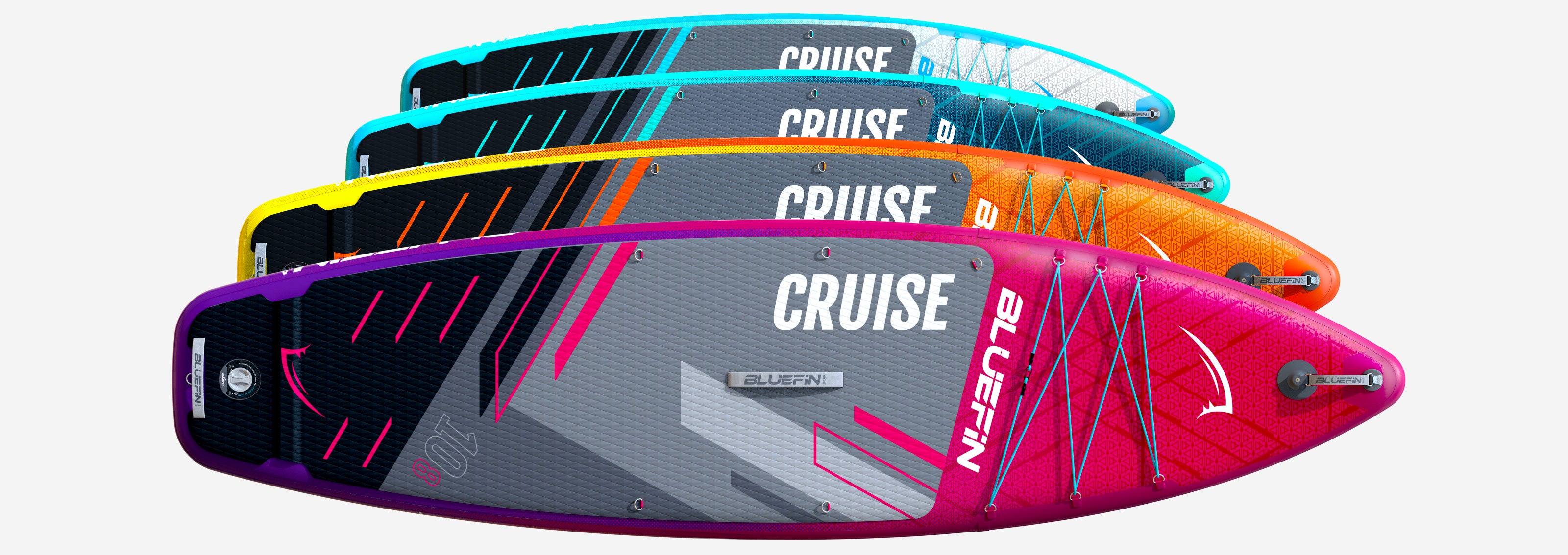 A photo showing the four colourways for the Bluefin Cruise inflatable paddle board, the perfect all-round sup