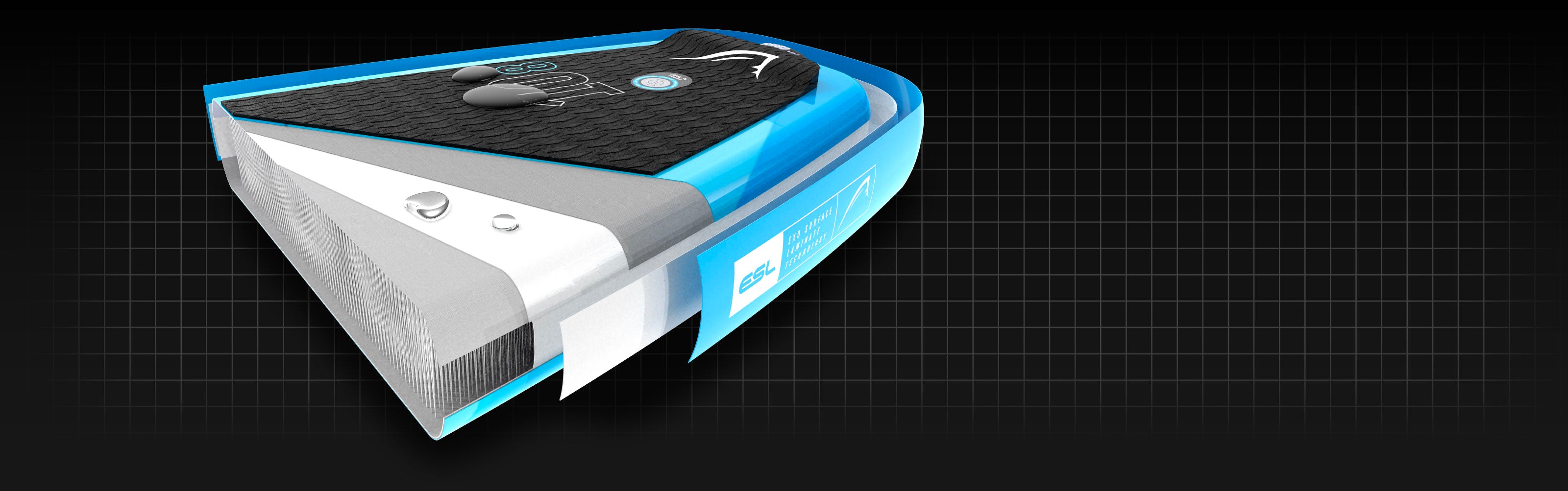 3D render of a paddleboard cross-section showcasing design details and features.