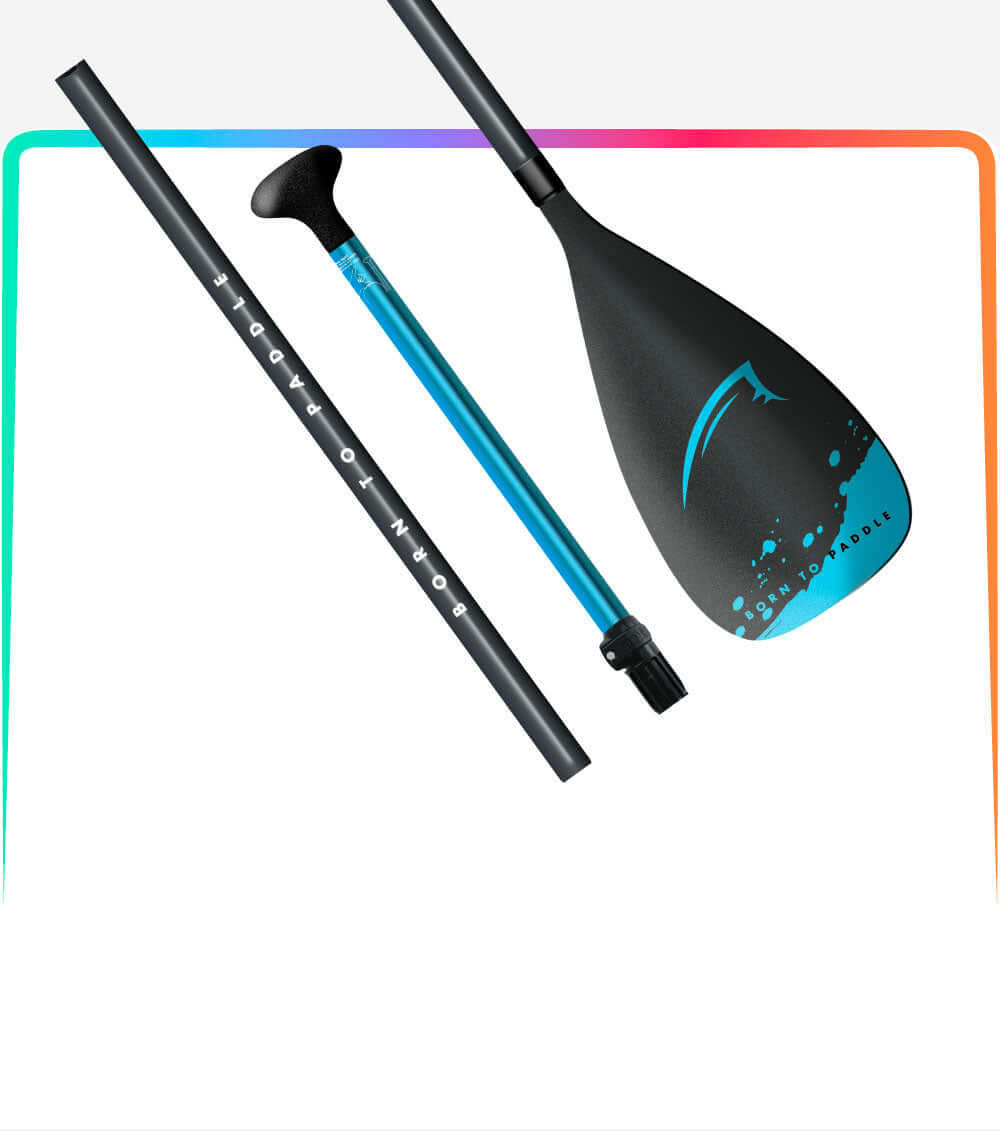 Adjustable SUP paddle with a black and blue blade, featuring a lightweight shaft and ergonomic grip.