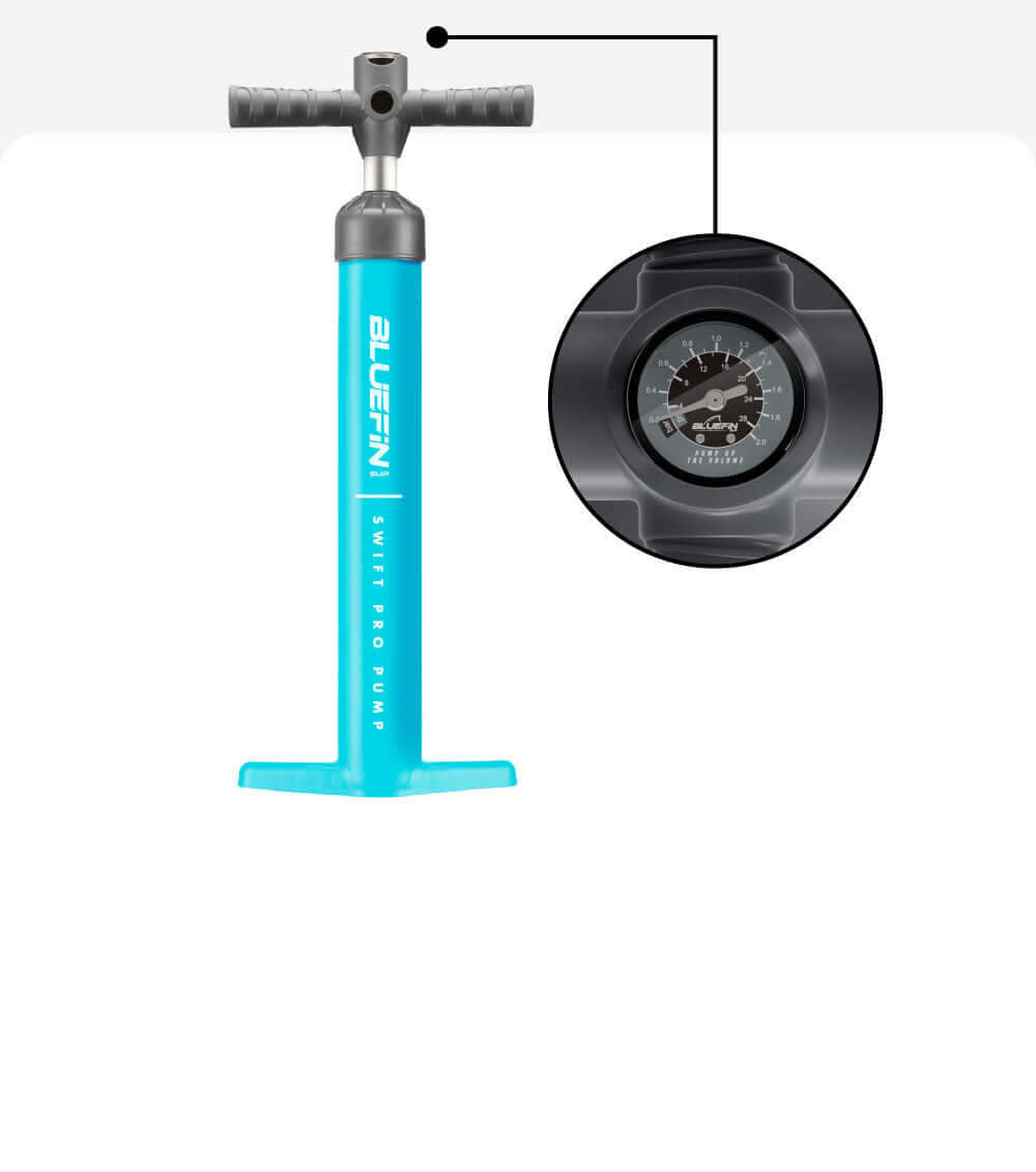 Bluefin SUP Swift Pro Pump with pressure gauge for easy inflation of stand-up paddleboards.