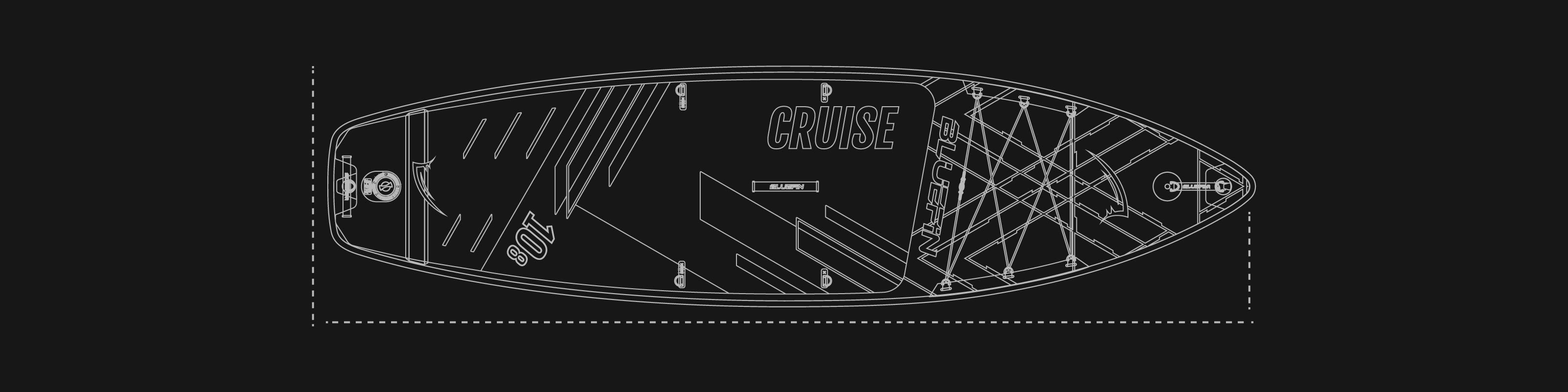 Illustration of a Bluefin SUP board featuring a top view showing design details and dimensions.