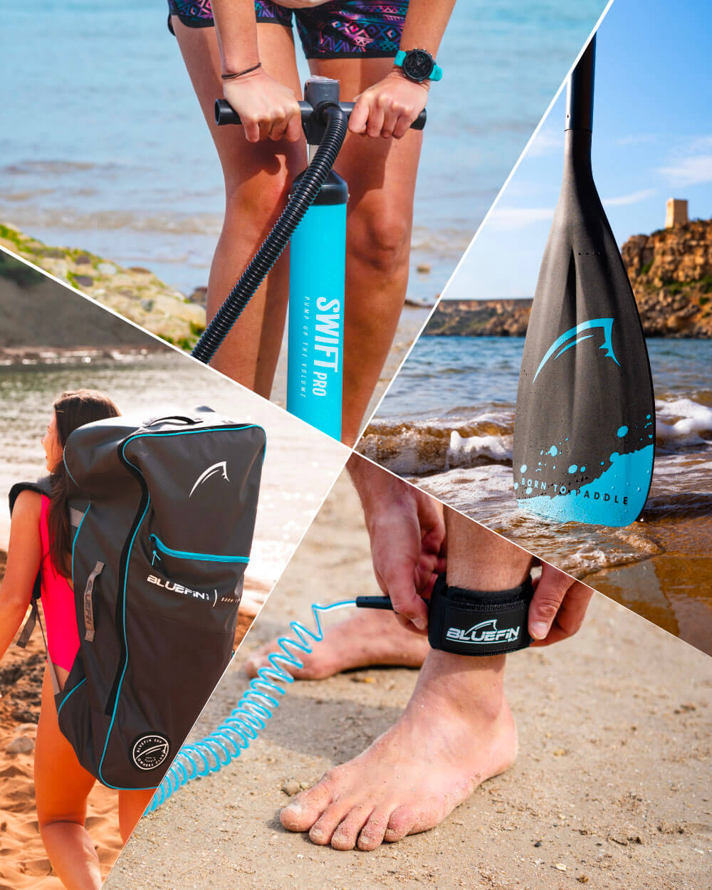 Close up shots of Bluefin inflatable paddleboard pump, paddle, ankle leash and bag