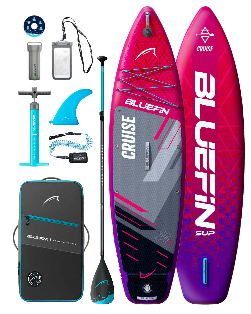 A image showcasing a Red Current Cruise 10'8 Premium Inflatable Paddleboard with accessories including a paddle, pump, bottle dock, waterproof phone case, fin, pump, repair kit, ankle leash, and carry bag. The inflatable stand up paddleboard has a geometric pattern design in pink, purple, and black colors.