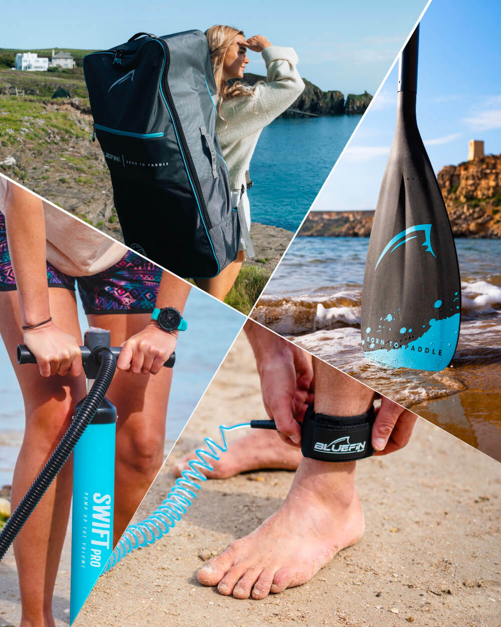 Bluefin SUP gear collage featuring a backpack, paddle, pump, and paddleboard ankle leash.