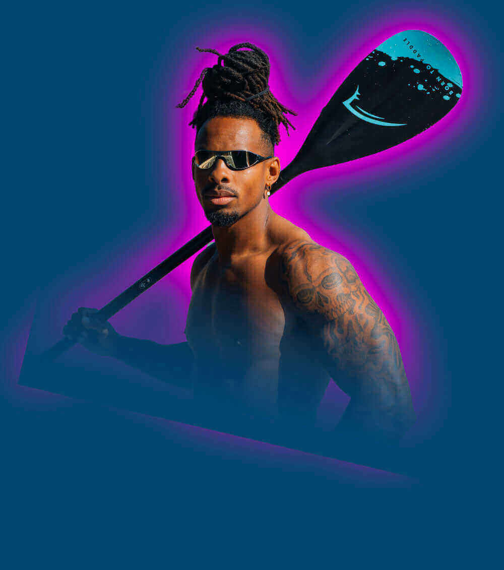 Muscular person with sunglasses holds a paddle, surrounded by a vibrant blue and pink background.