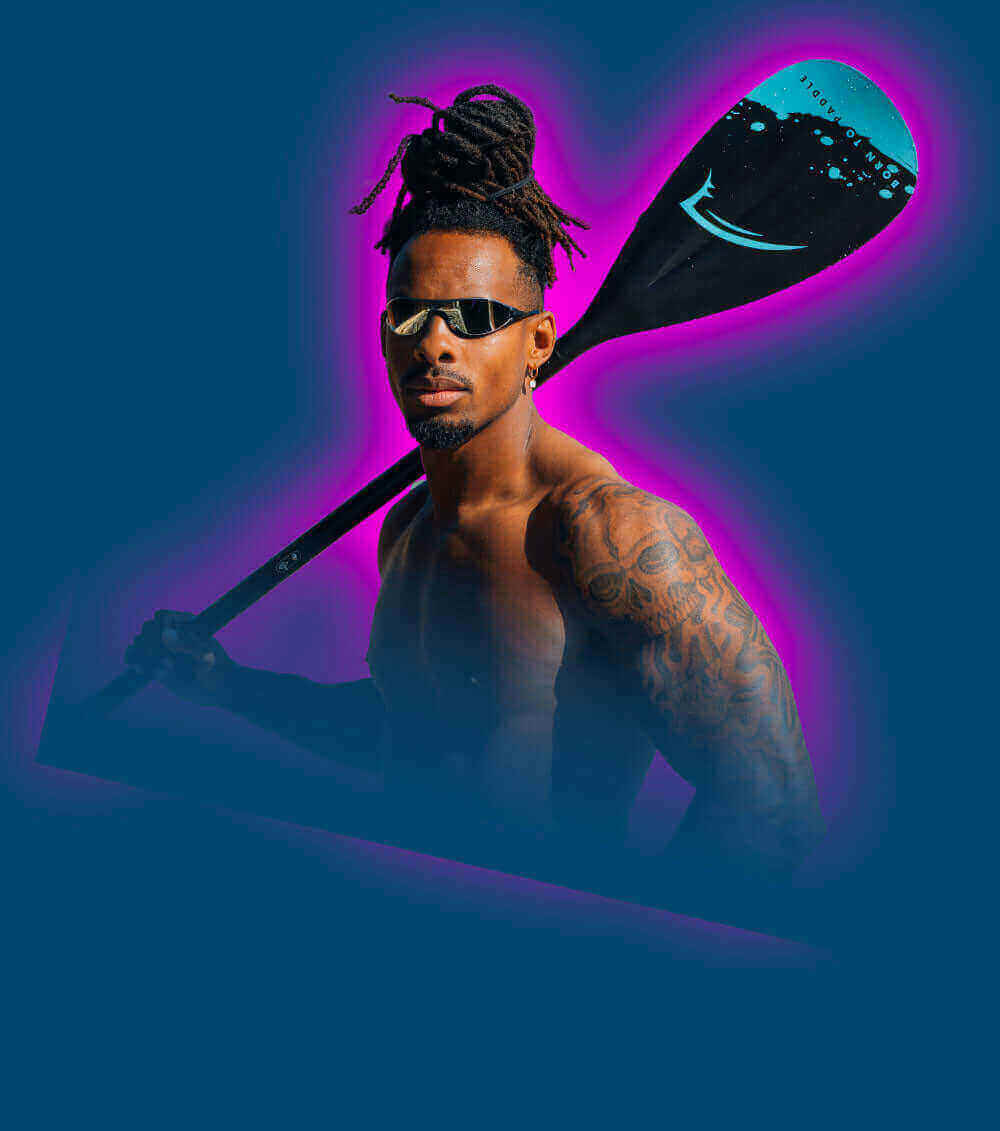 Muscular person with sunglasses holds a paddle, surrounded by a vibrant blue and pink background.