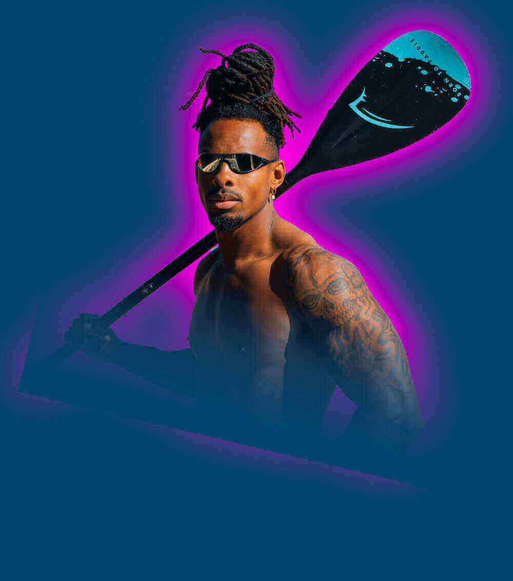 Muscular person with sunglasses holds a paddle, surrounded by a vibrant blue and pink background.