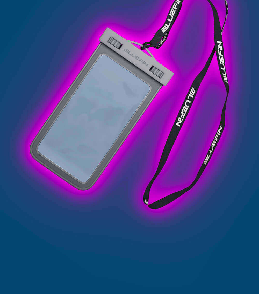 Waterproof phone pouch with a neck strap, designed for outdoor activities. Ideal for water sports.