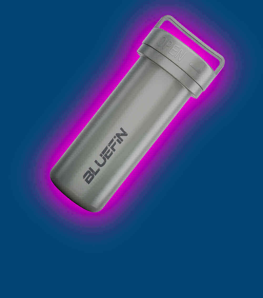 Gray container with "BLUEFIN" branding on a blue background, highlighted by a pink glow.