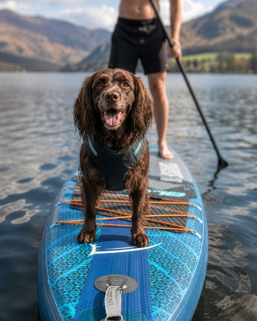 Brown dog on a blue inflatable paddleboard in a lake, with a person paddling in the background.