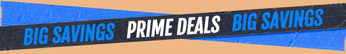 Text banner with blue and black tape displaying "BIG SAVINGS" and "PRIME DEALS" on a beige background.