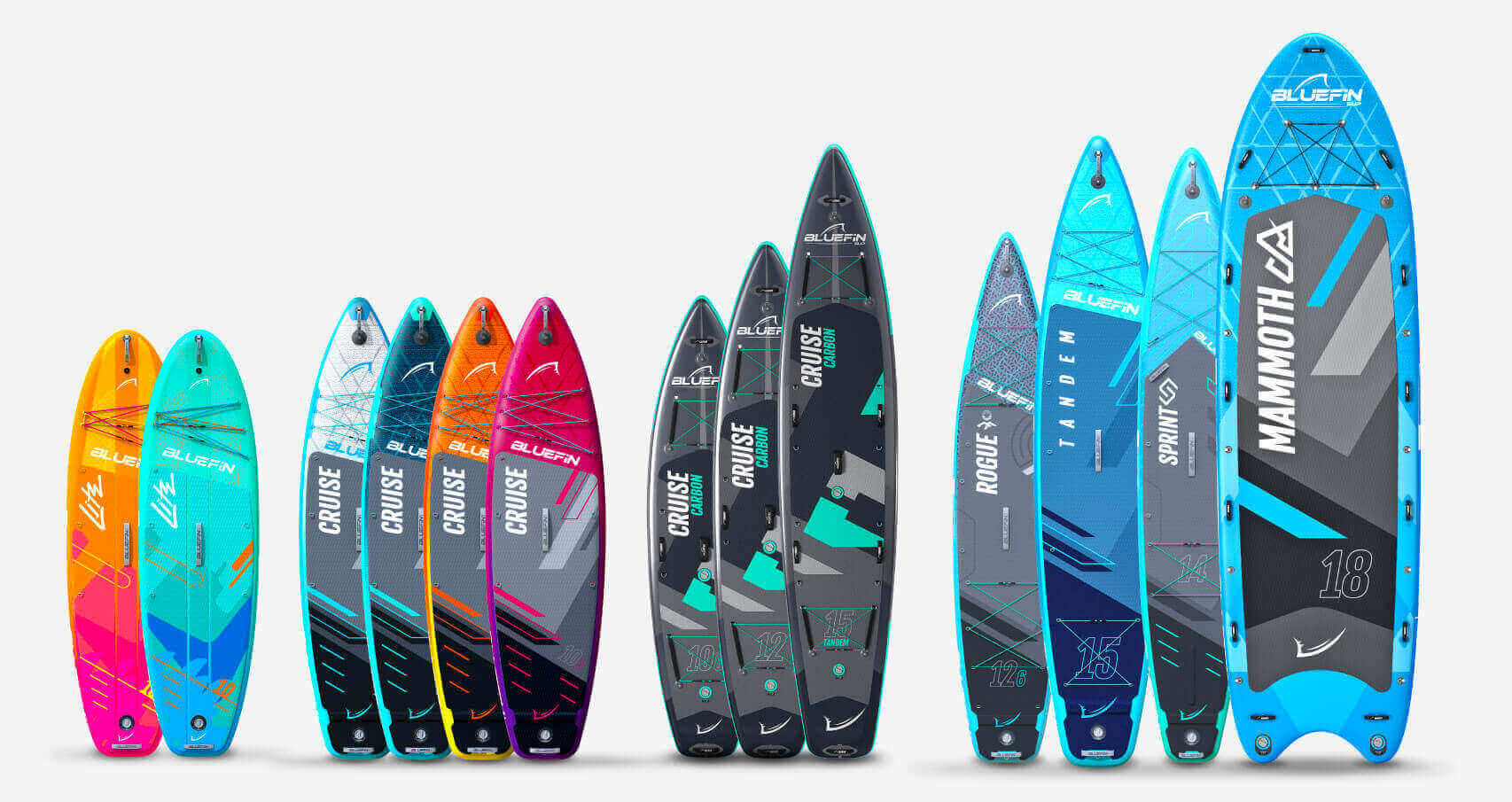 Colorful Bluefin SUP boards displayed in various styles and sizes on a light background.
