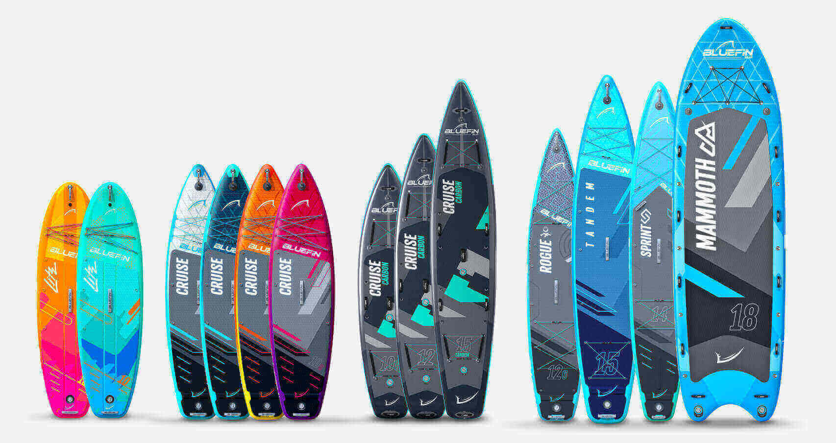 Colorful Bluefin SUP boards displayed in various styles and sizes on a light background.
