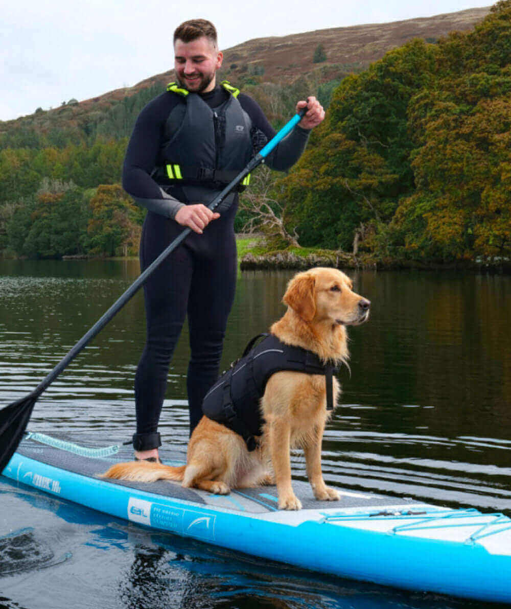 Person in wetsuit paddling on a blue inflatable paddleboard with a golden retriever sitting beside them