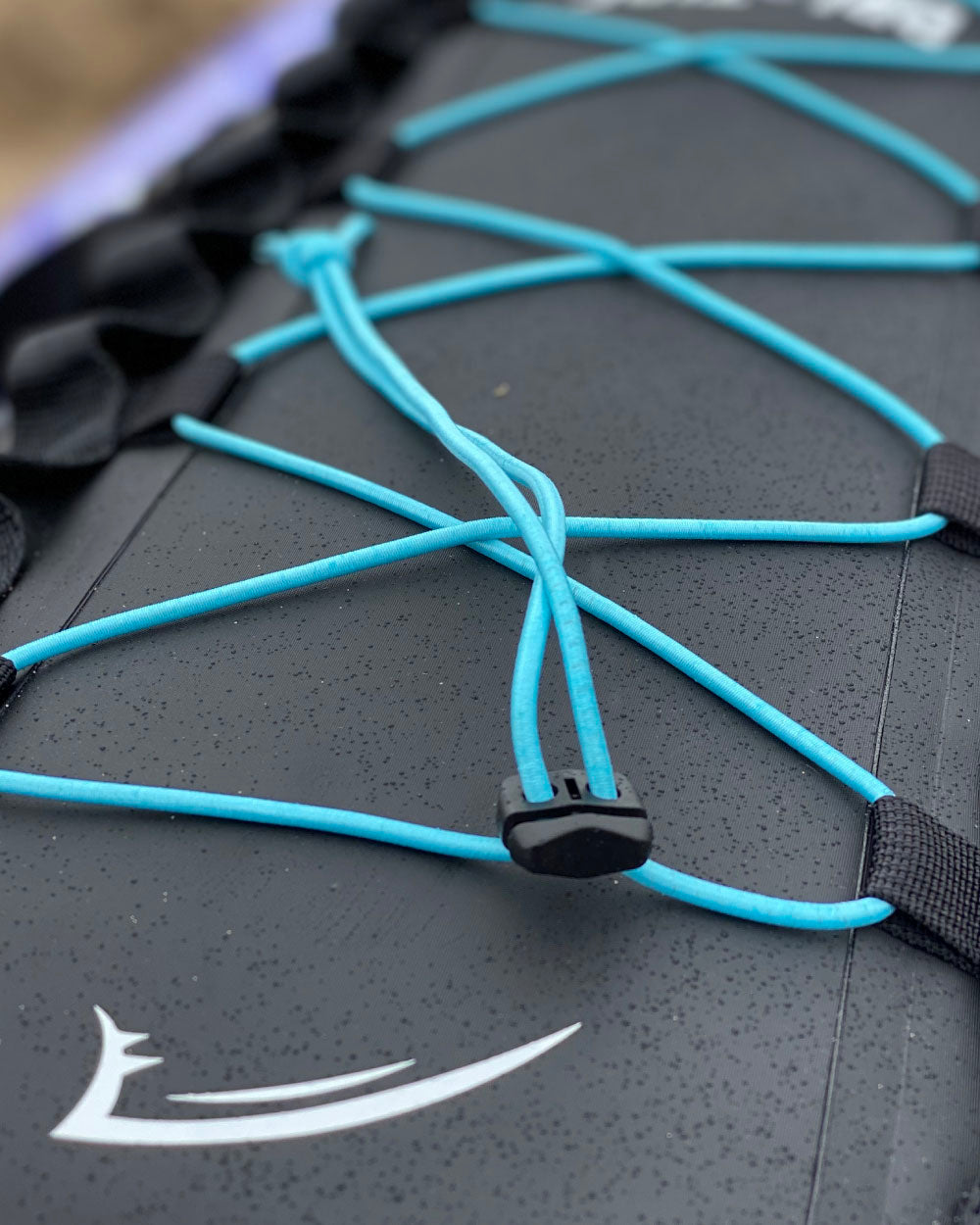 Close-up of a dri-tide bag and the blue bungee cords