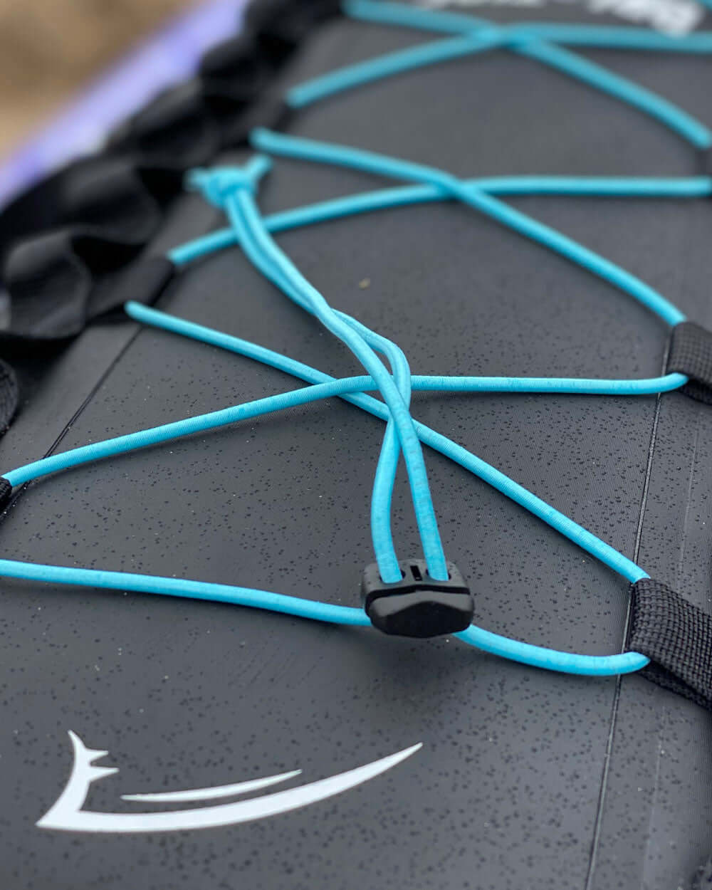 Close-up of a dri-tide bag and the blue bungee cords