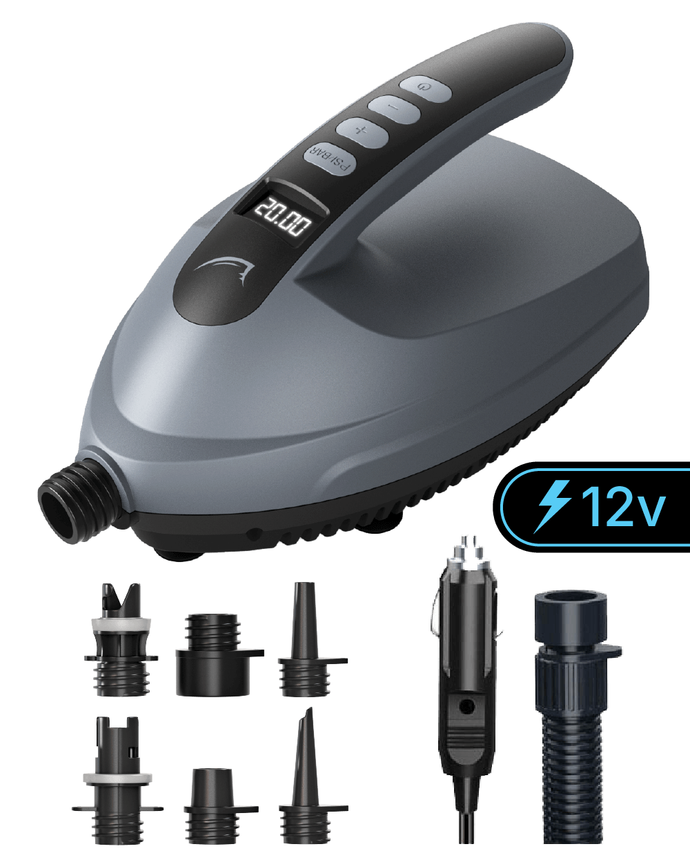 bluefin electric pump for inflatable paddleboard, showcasing the nozzle attachments you receive with the pump