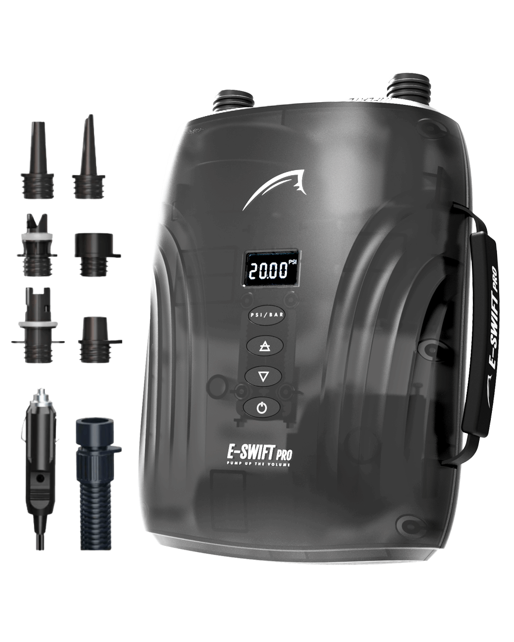 A portable electric pump with a digital display, several valve fittings and a power cord. For inflating a stand up paddle board