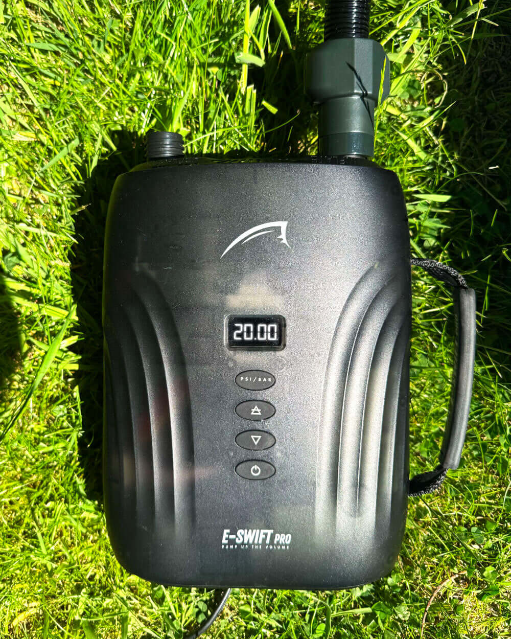 Close up of a portable electric pump with a digital display. For inflating a stand up paddle board