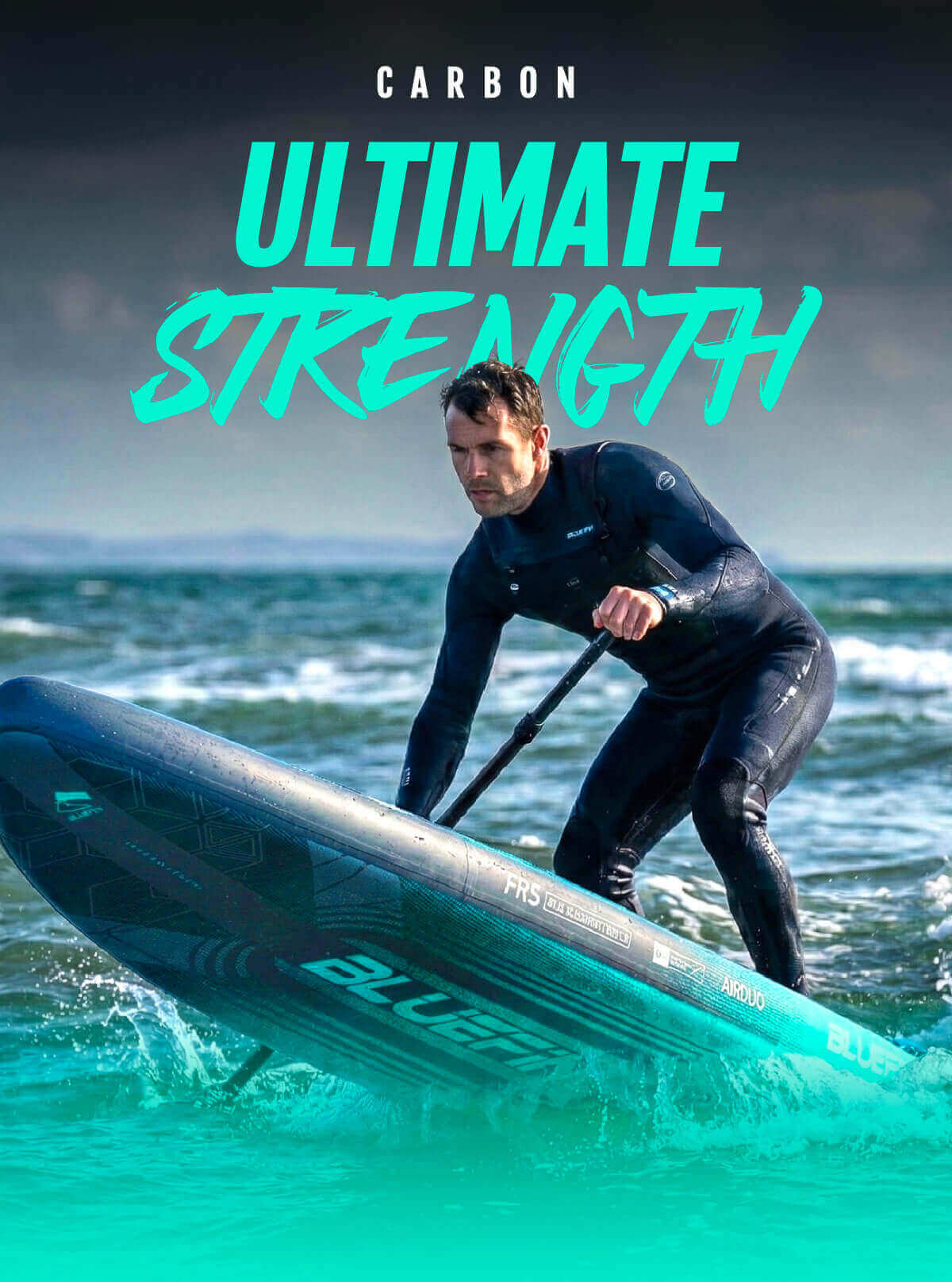 Person in a wetsuit paddling a Bluefin inflatable paddleboard on the water