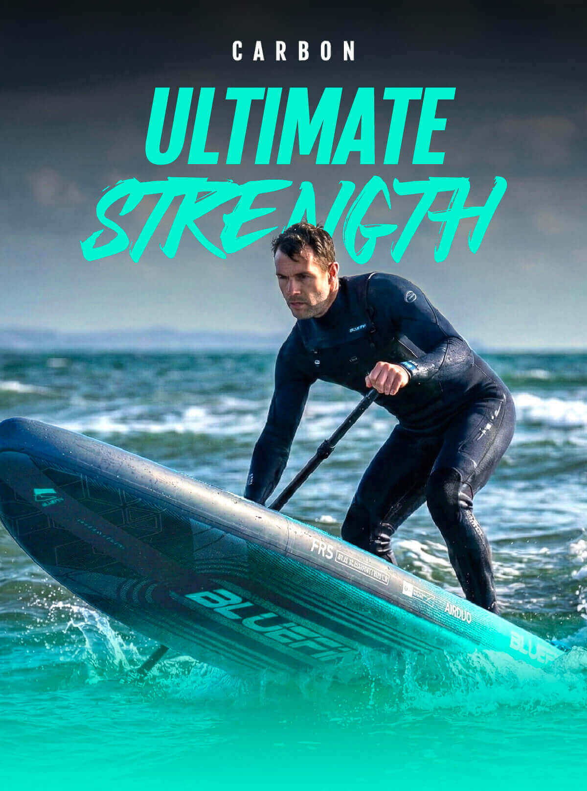 Person in a wetsuit paddling a Bluefin inflatable paddleboard on the water