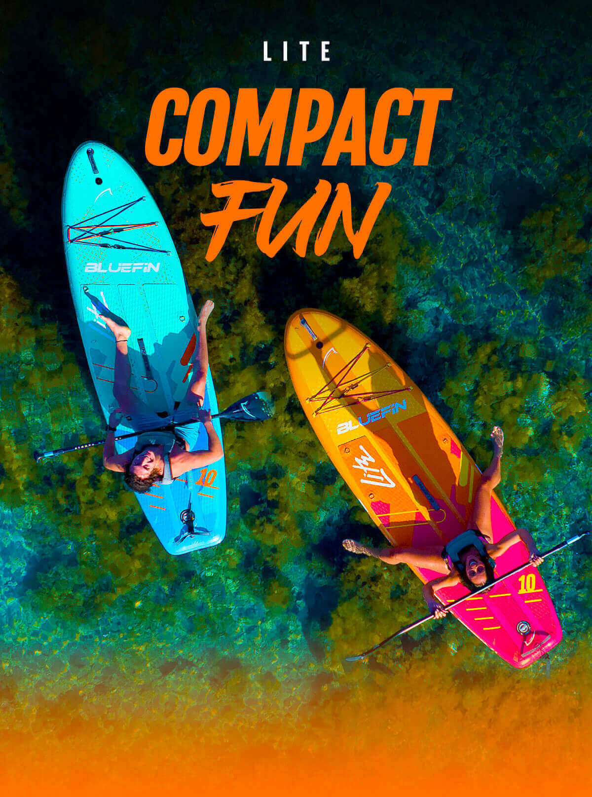 Two paddleboarders on colorful boards in clear water, one blue and one orange, enjoying the sun.