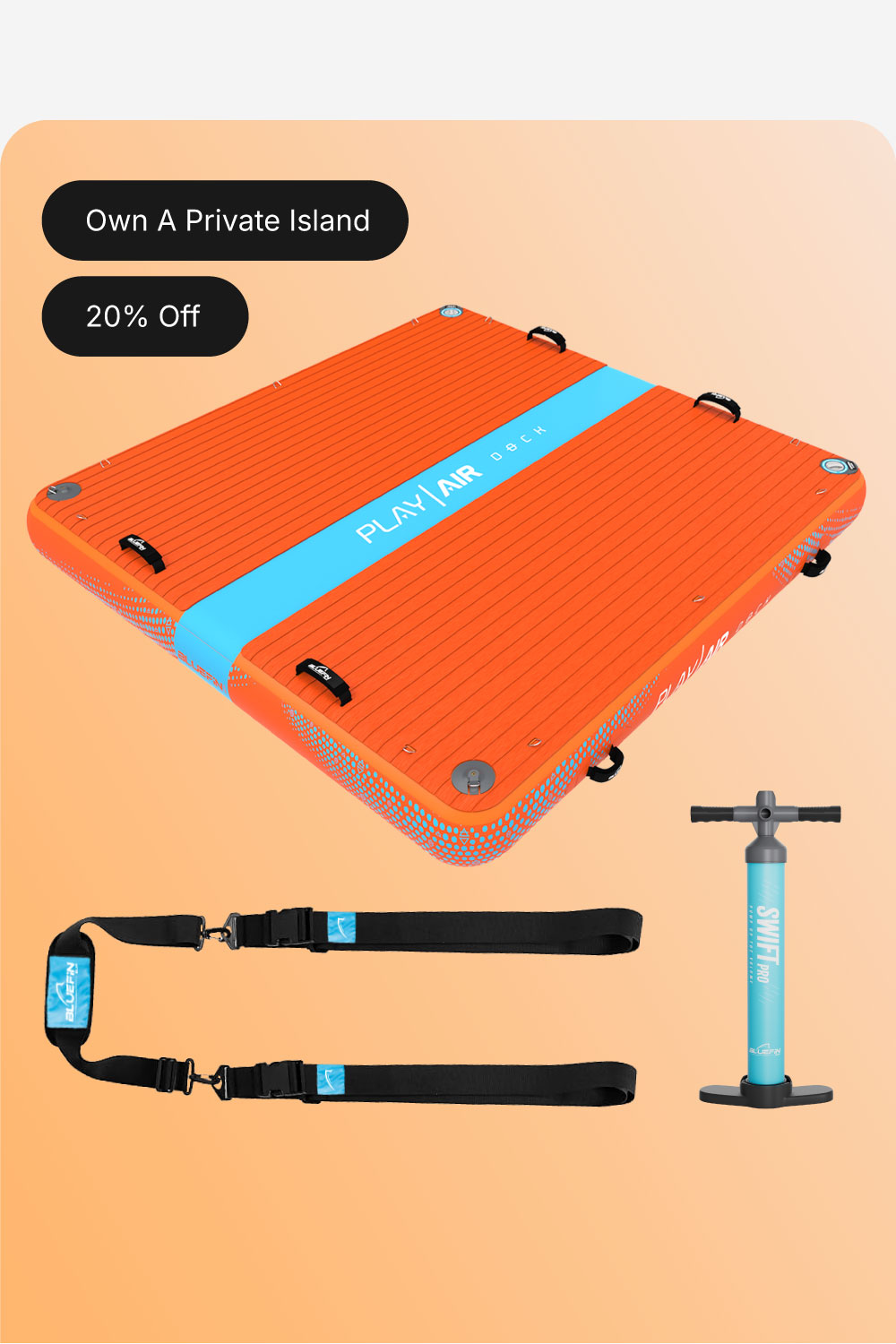 Bright orange inflatable floating deck with straps and a pump, featuring "20% Off" promotion.