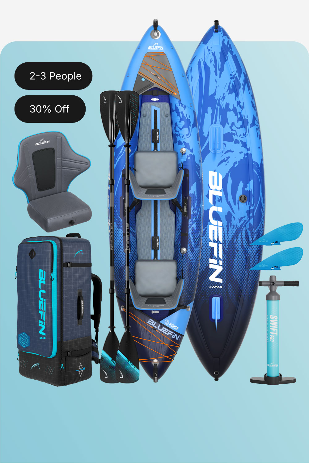 Bluefin SUP inflatable kayak with paddles, seat, backpack, and pump. Perfect for 2-3 people with 30% off.