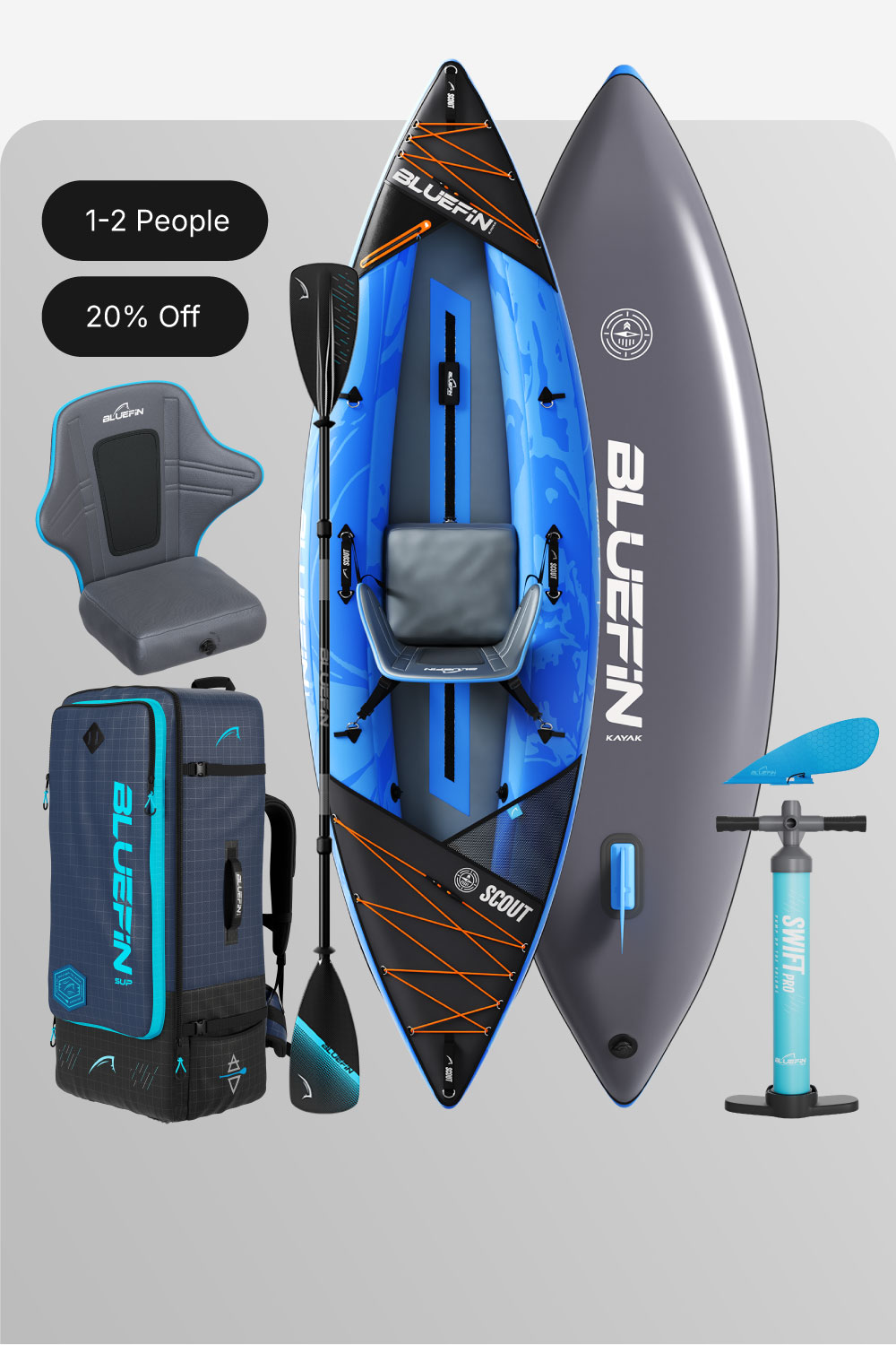 Bluefin SUP kayak bundle featuring a blue kayak, paddle, pump, seat, and carrying bag with 20% off.