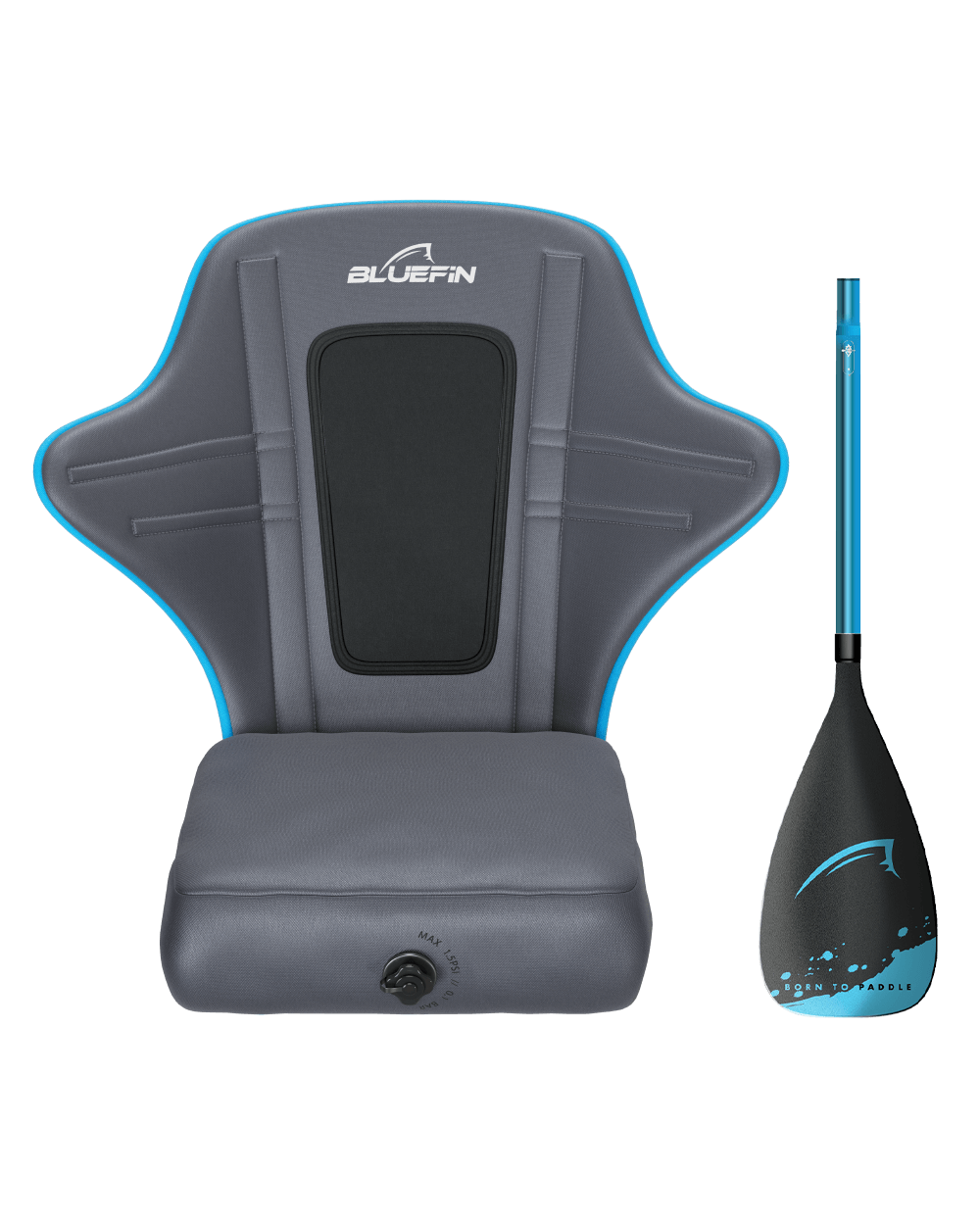Bluefin SUP gray paddle board seat with blue accents and an adjustable paddle on the side.