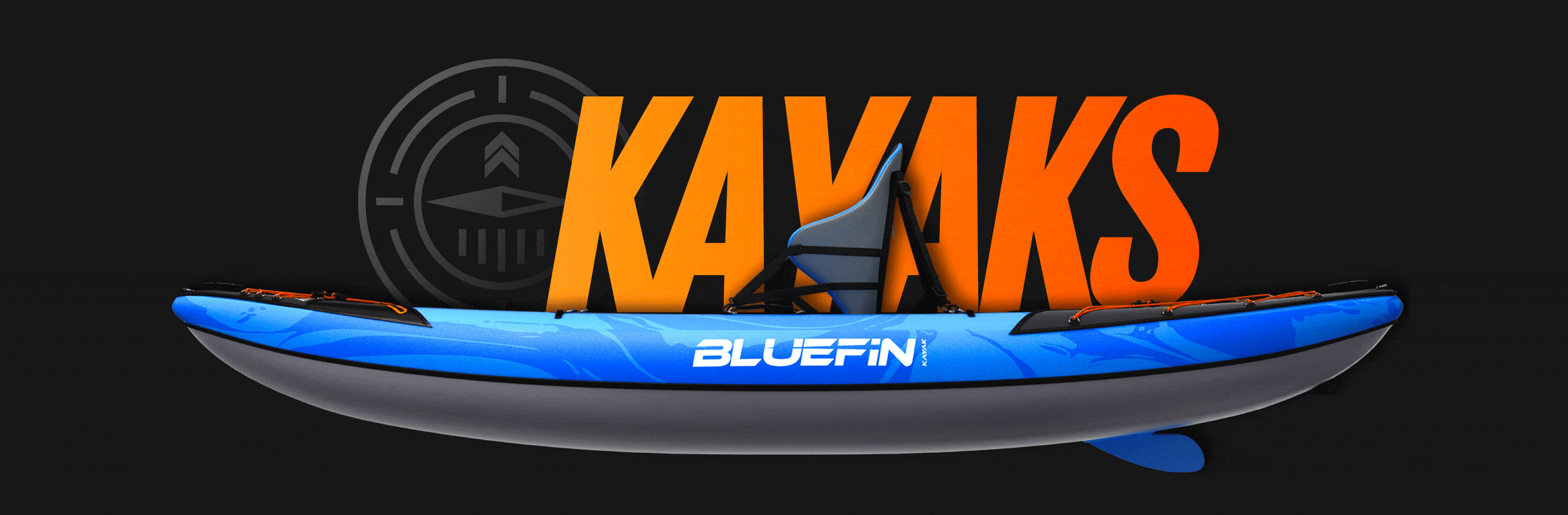 Colorful Bluefin kayak with bold 'KAYAKS' text on a dark background.