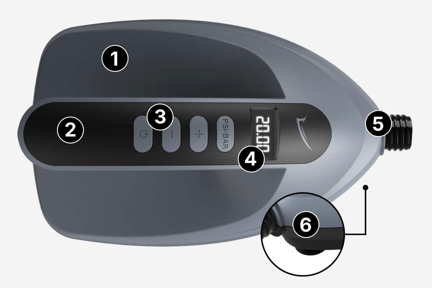 Digital air pump with control panel and pressure display, featuring nozzle and buttons for settings.