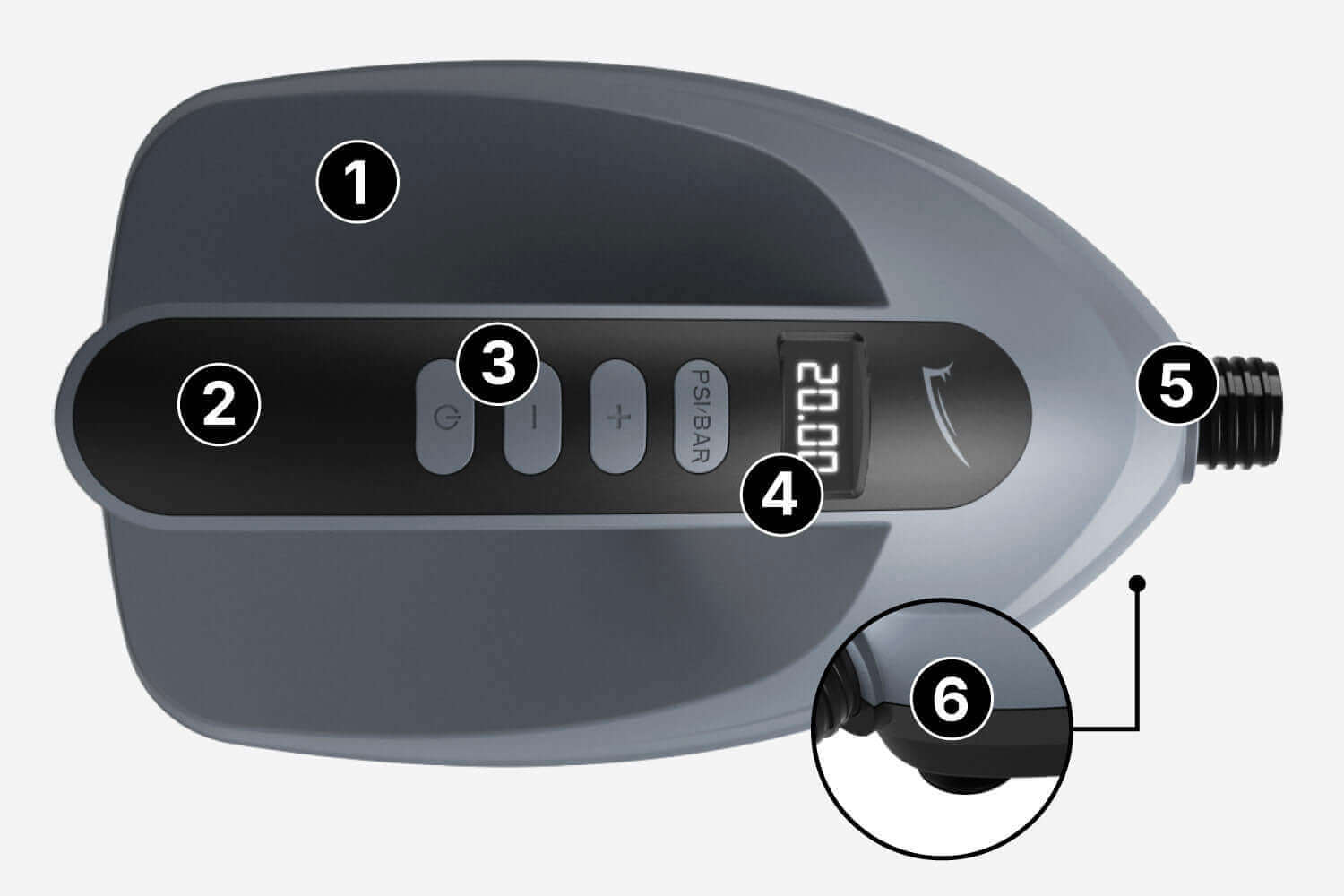 Digital air pump with control panel and pressure display, featuring nozzle and buttons for settings.
