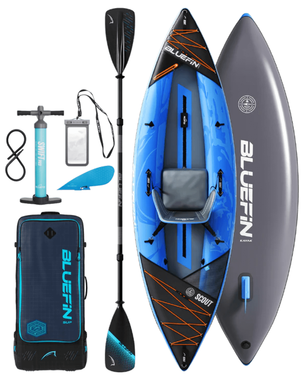 Bluefin SUP kayak package with paddle, pump, and carry bag in vibrant blue and gray design.
